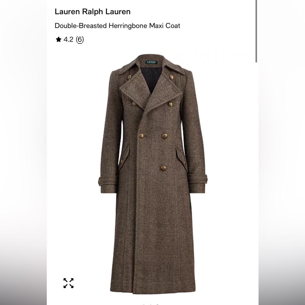 Ralph Lauren Brown Herringbone Double-Breasted Maxi Pea Coat